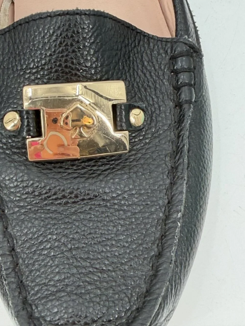 Kate Spade New York Carmen Black Pebbled Leather Loafers Gold Buckle 6.5 B